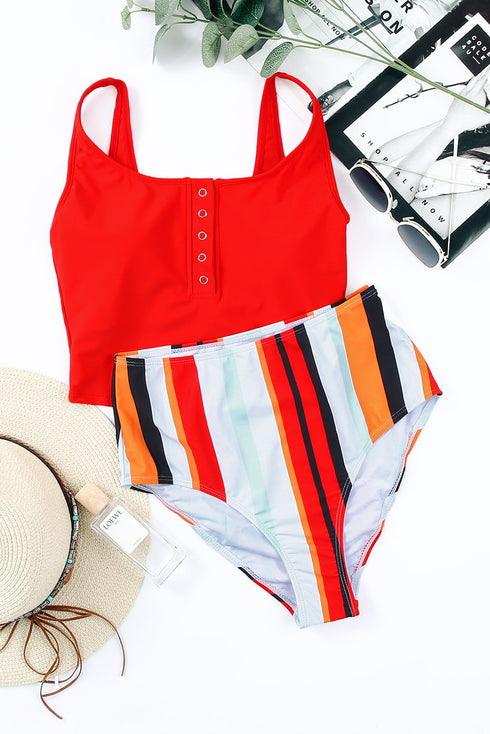 Square Neck Sleeveless Print Tankini Set